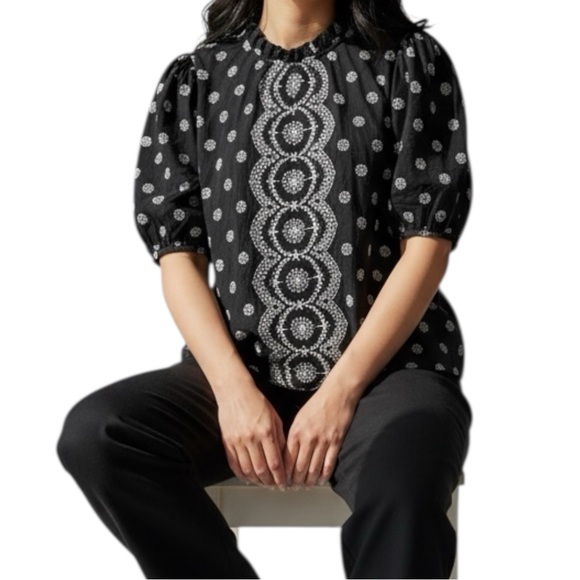 Loft Black and White Embroidered Eyelet Puff Sleeve High Neck Boho Top Size L - Picture 9 of 10